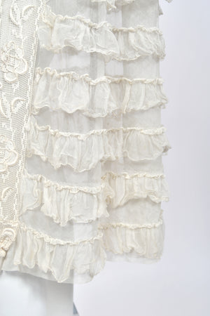 1920's Sheer Ivory Embroidered Floral Motif Net-Tulle Tiered Ruffle 'Robe de Style' Dress