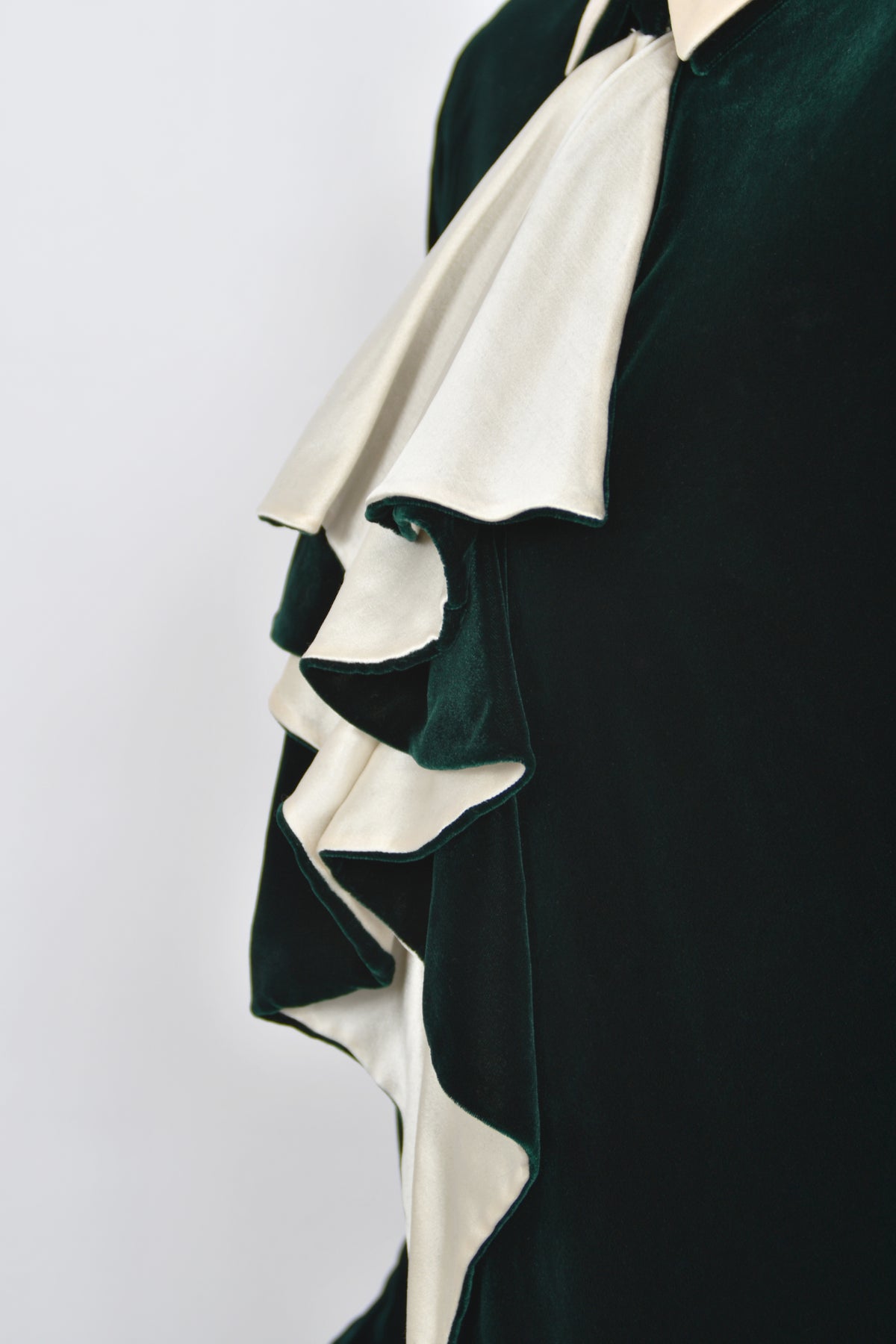 1978 Halston Couture Dark Green Velvet & Ivory Silk Ruffle Bodice Bias-Cut Gown