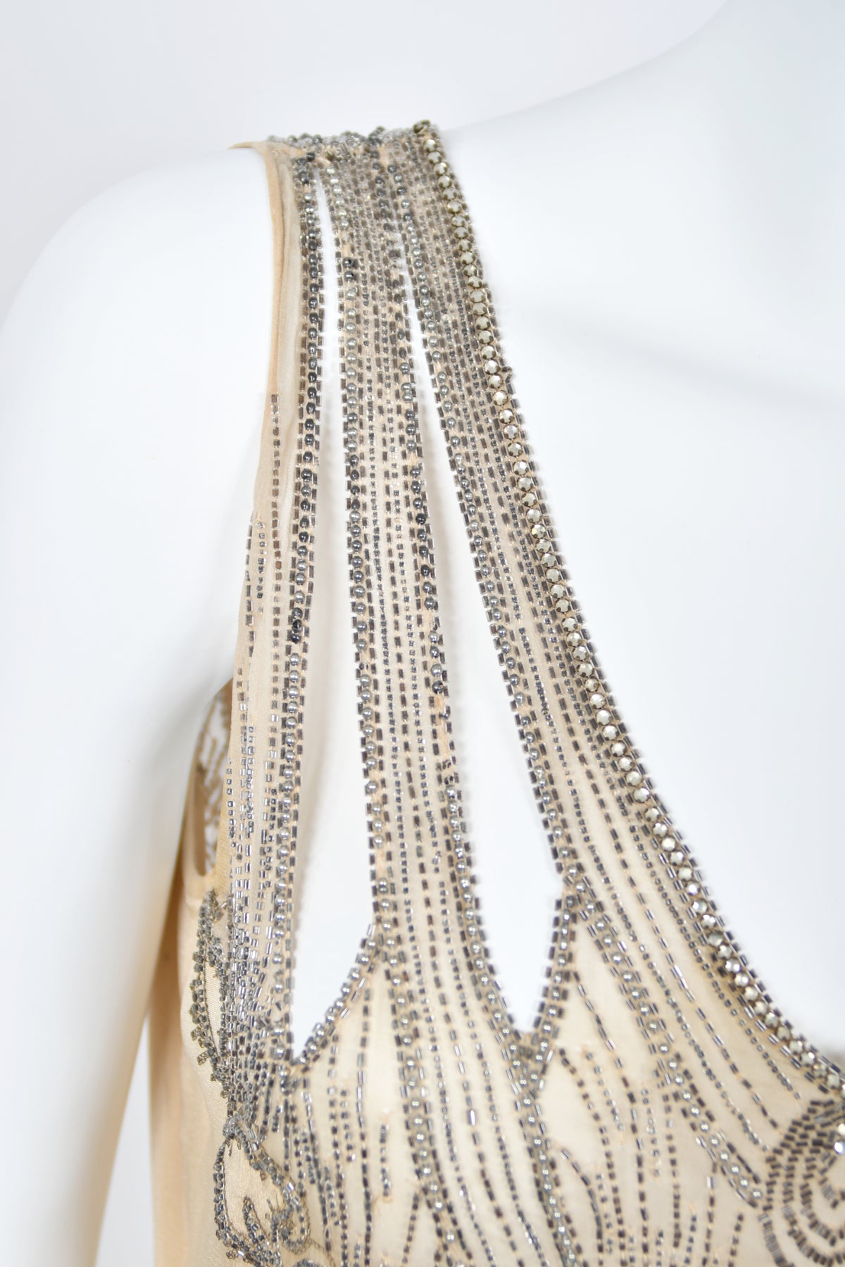 1930's French Ivory Creme Silk Beaded Sheer Illusion Deco Bias-Cut Bridal Gown
