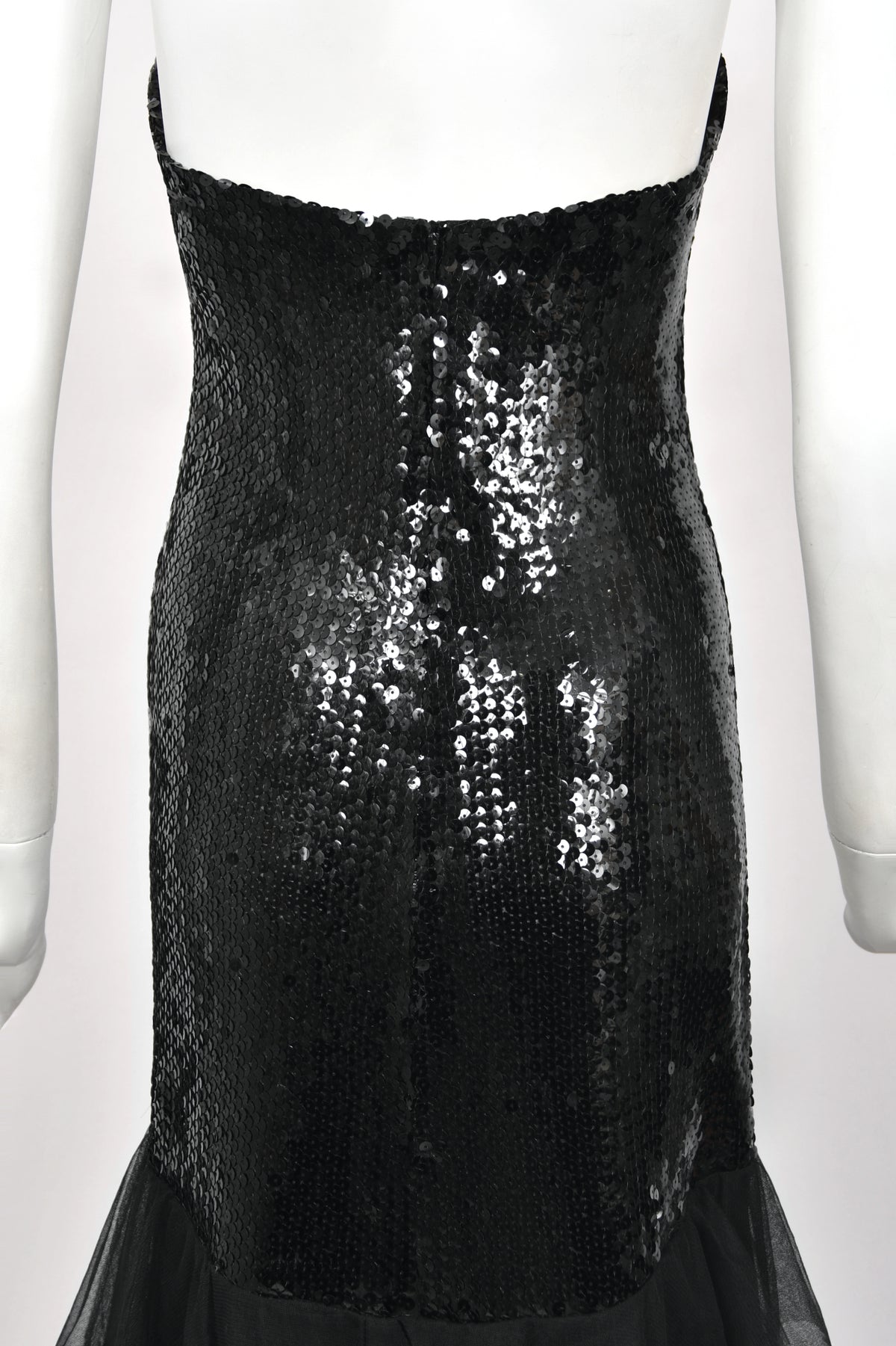 1978 Loris Azzaro Couture Black Sequin Strapless Tiered-Ruffle Gown & Sheer Capelet