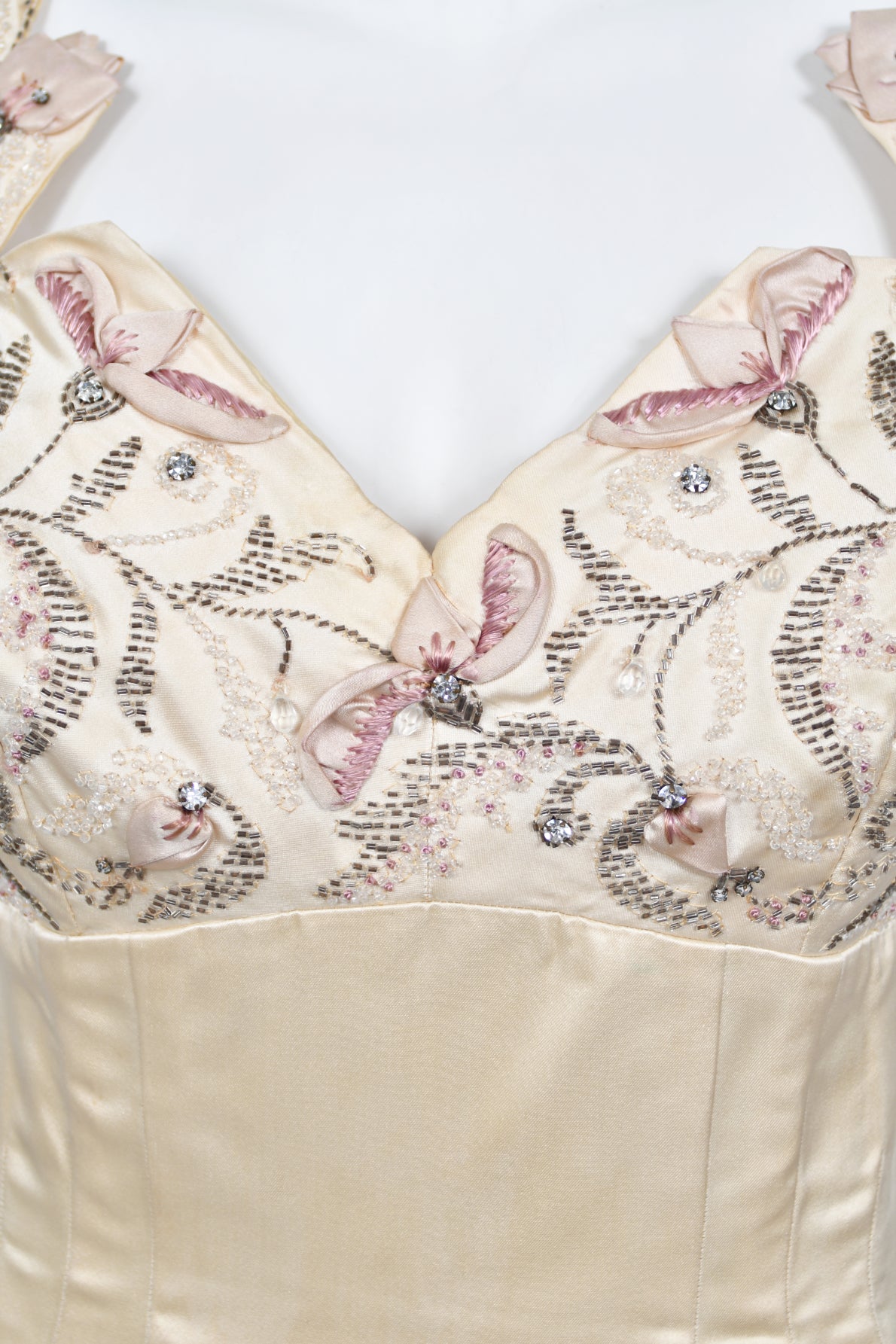 1950&#39;s Candlelight Satin Beaded Appliqué Skirted Hourglass Custom Couture Dress