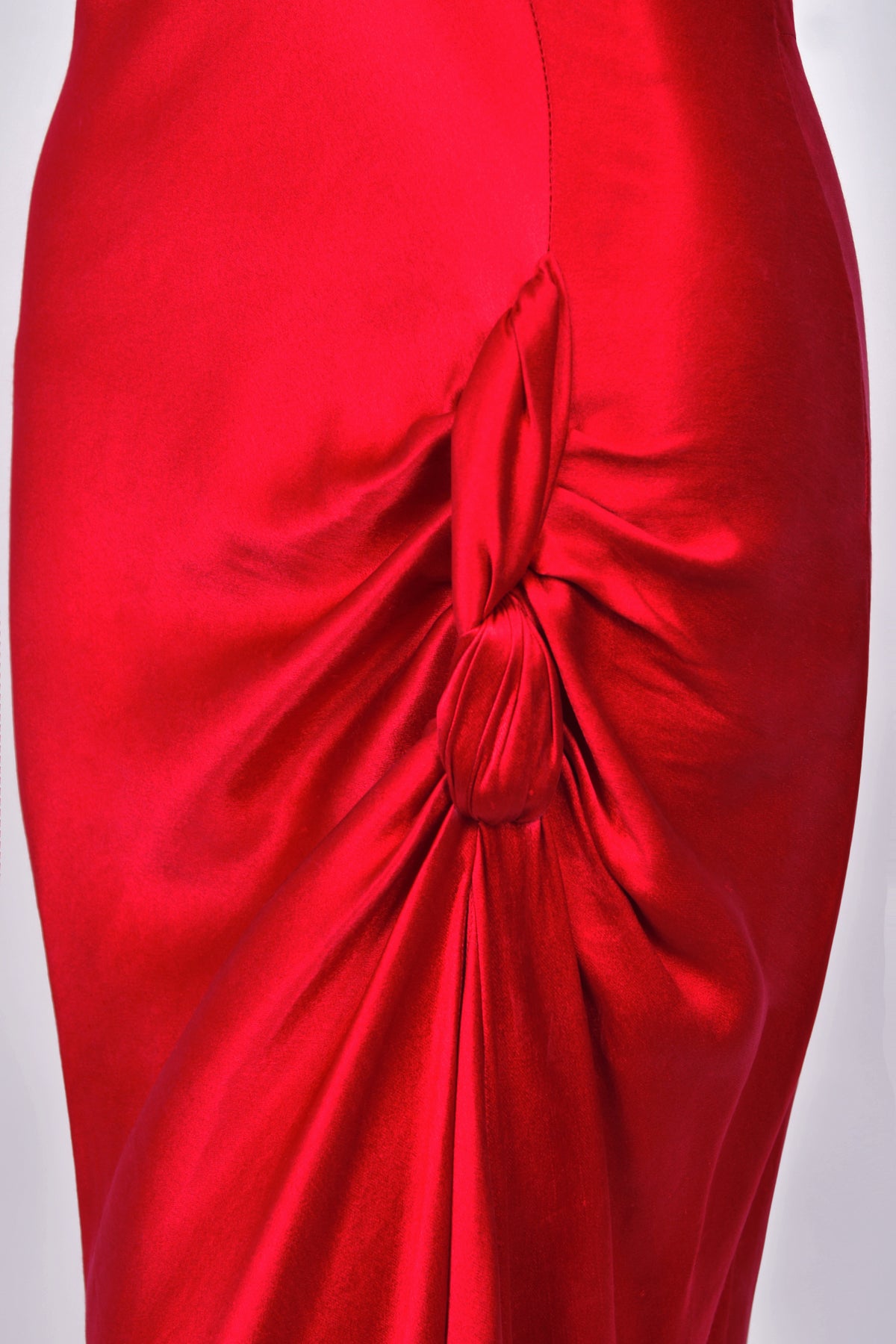 2003 Christian Dior by John Galliano Ruby Red Silk Low Cut Draped High Slit Bias-Cut Dress