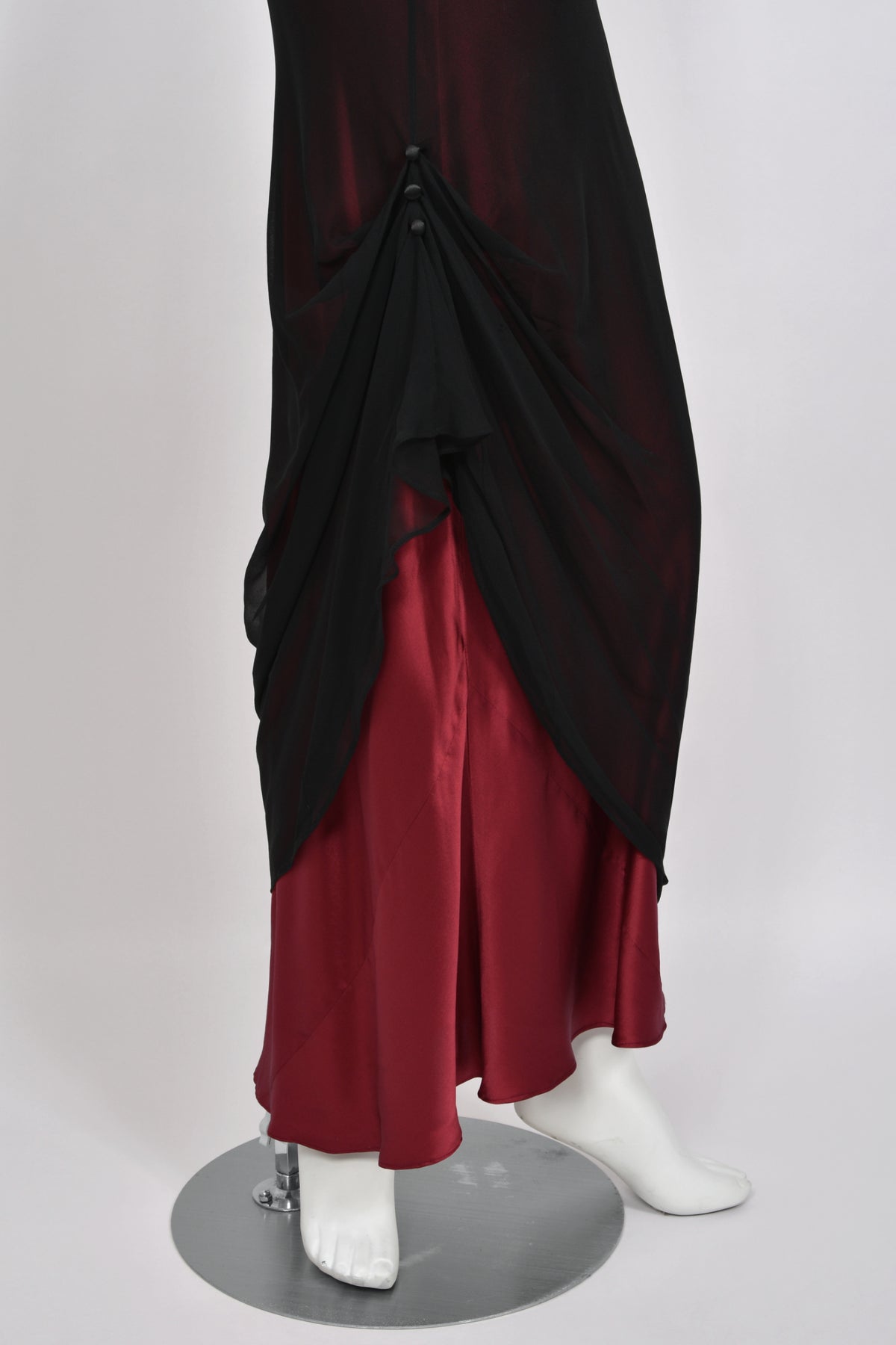 2000 John Galliano Beaded Black Sheer Silk Chiffon & Red Satin Draped Bias-Cut Gown