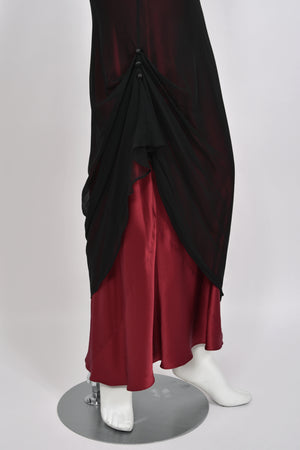 2000 John Galliano Beaded Black Sheer Silk Chiffon & Red Satin Draped Bias-Cut Gown