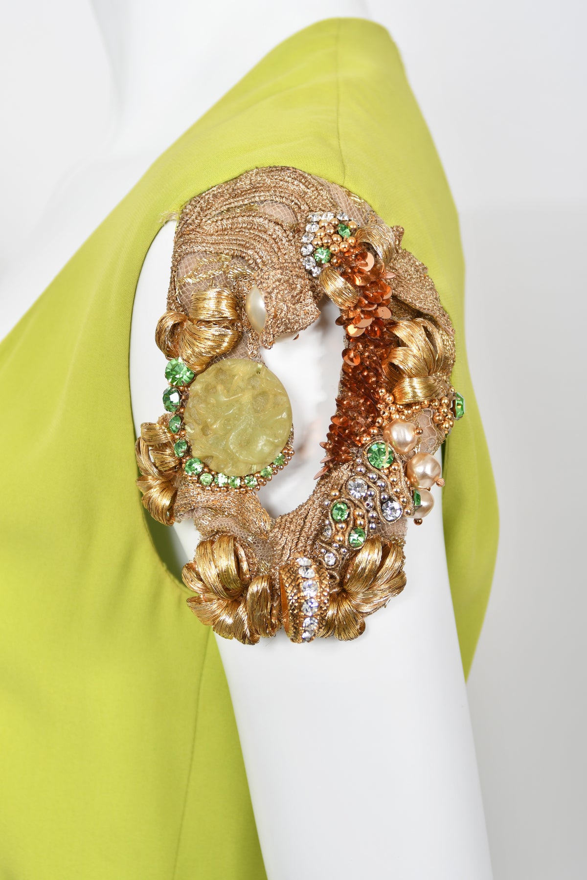 1991 Christian Dior by Gianfranco Ferré Chartreuse Silk Metallic Beaded Draped Dress