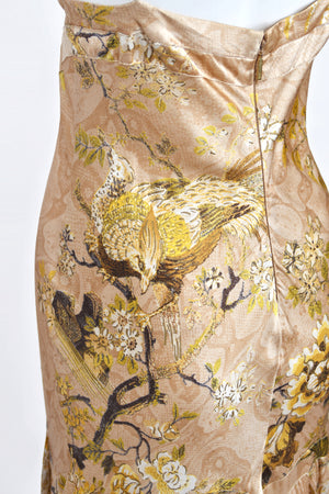 2006 Roberto Cavalli Champagne Floral & Bird Motif Silk Pleated High Low Bias-Cut Gown