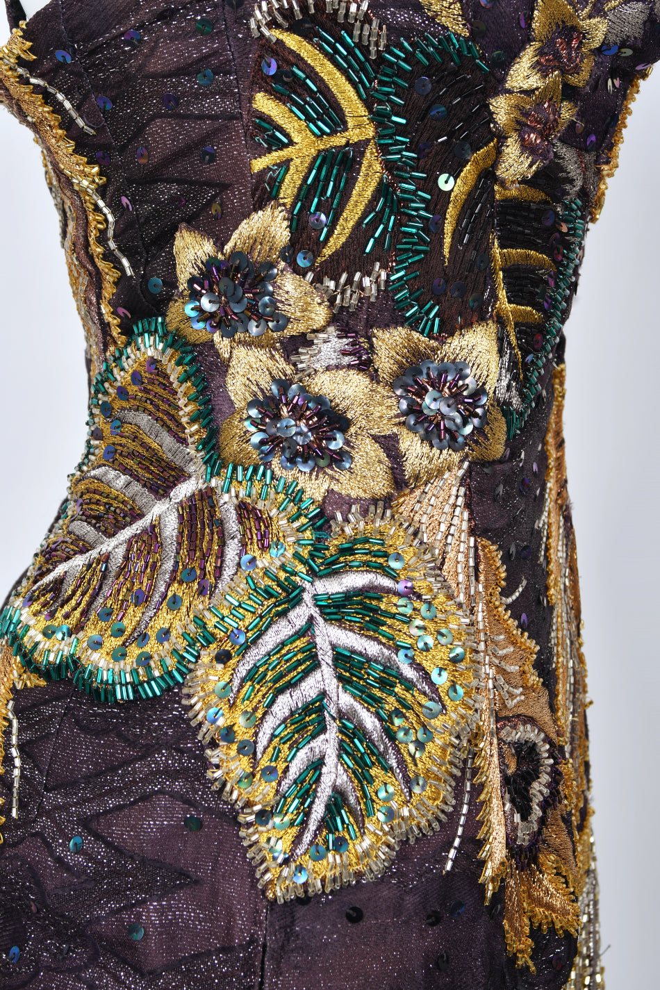 1970&#39;s Embroidered Peacock Motif Beaded Silk Couture Dance Dress