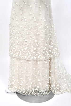 2004 Randi Rahm Couture Embroidered Metallic Ivory Lace Appliqué Trained Slip Gown