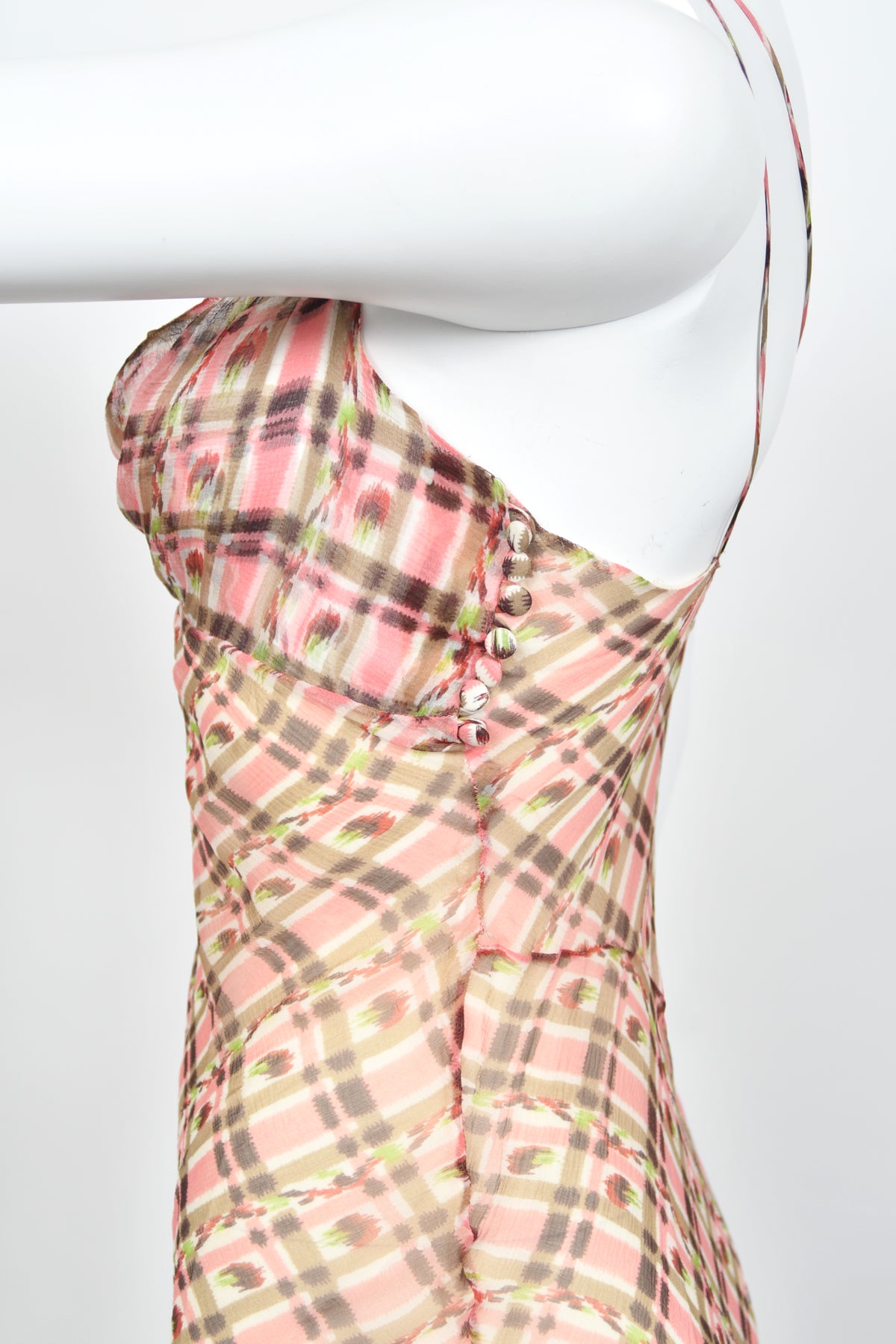 2000 Christian Dior by Galliano Pink Plaid Silk Logo Hardware Bias-Cut Dress
