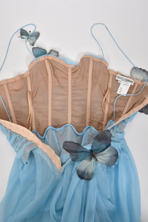 1998 Dolce & Gabbana 'Stromboli Collection' Hand-Painted Butterflies Blue Silk Corset Gown