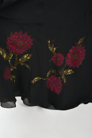 2001 John Galliano Red Chrysanthemum Floral Appliqué Black Silk Chiffon Bias-Cut Gown