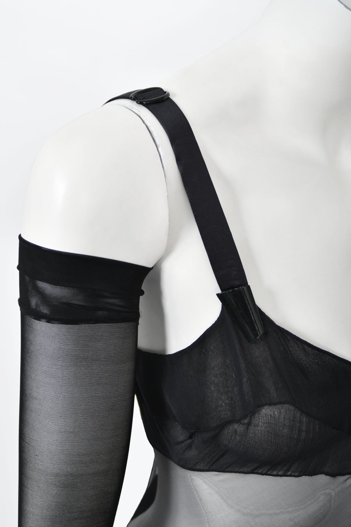 1998 Thierry Mugler Documented Runway Sheer Black Silk Asymmetric High-Slit Gown