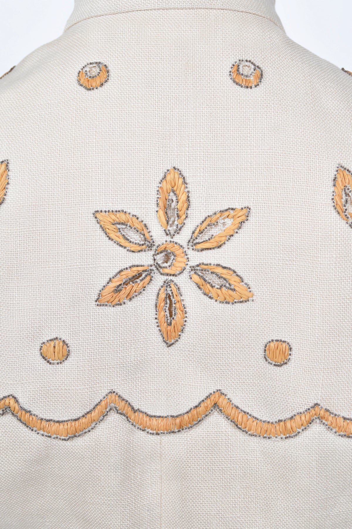 1949 Jacques Fath Attributed Haute Couture Embroidered Beaded Eyelet Cream Linen Gown