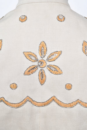 1949 Jacques Fath Attributed Haute Couture Embroidered Beaded Eyelet Cream Linen Gown