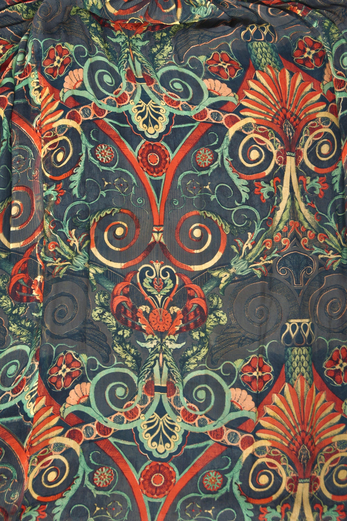 1971 Thea Porter Couture Green Art Nouveau Motif Silk Billow-Sleeve Maxi Dress