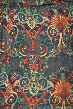 1971 Thea Porter Couture Green Art Nouveau Motif Silk Billow-Sleeve Maxi Dress