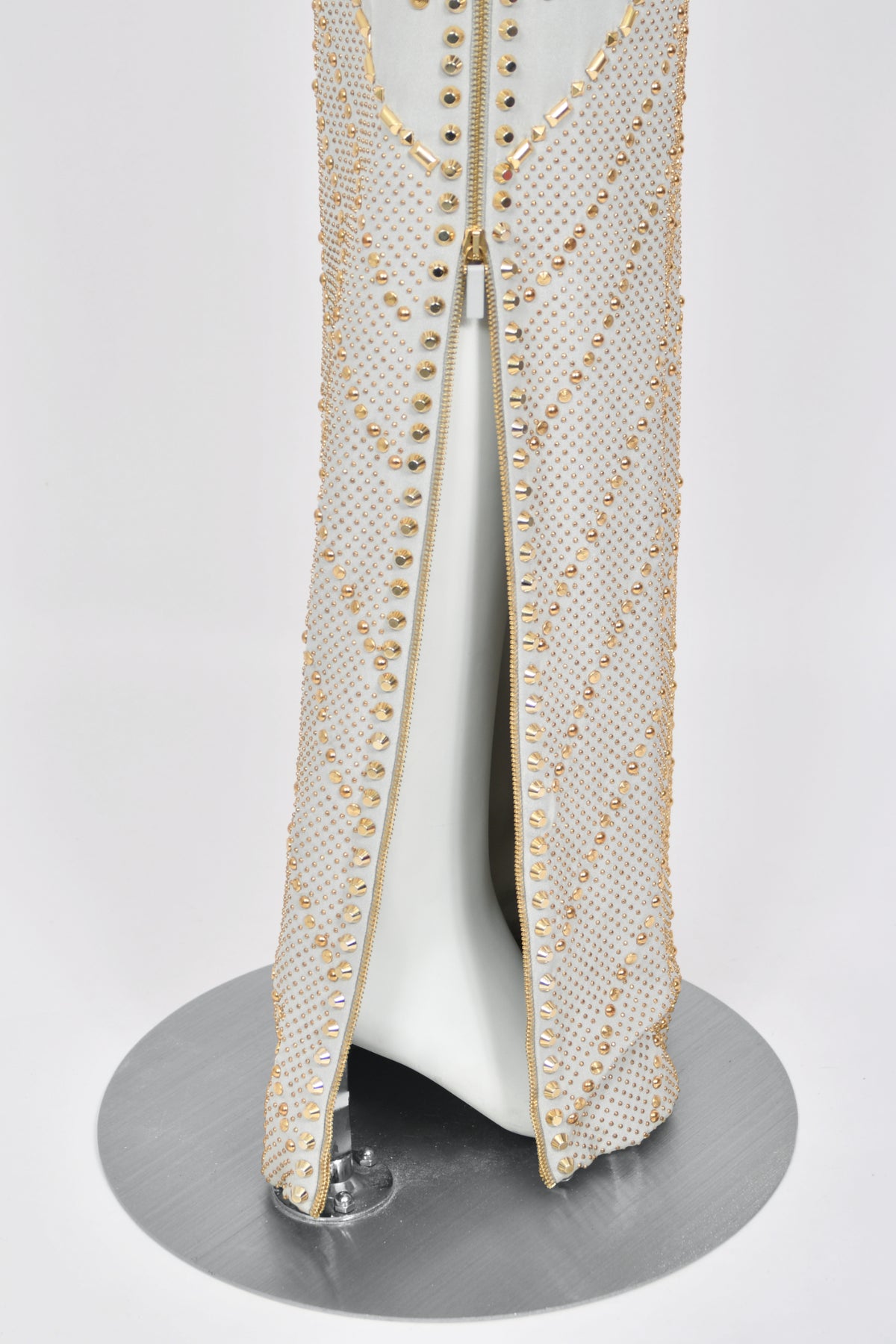 2012 Versace Runway Gold Studded Pale Dove Gray Silk Jersey Hourglass Gown