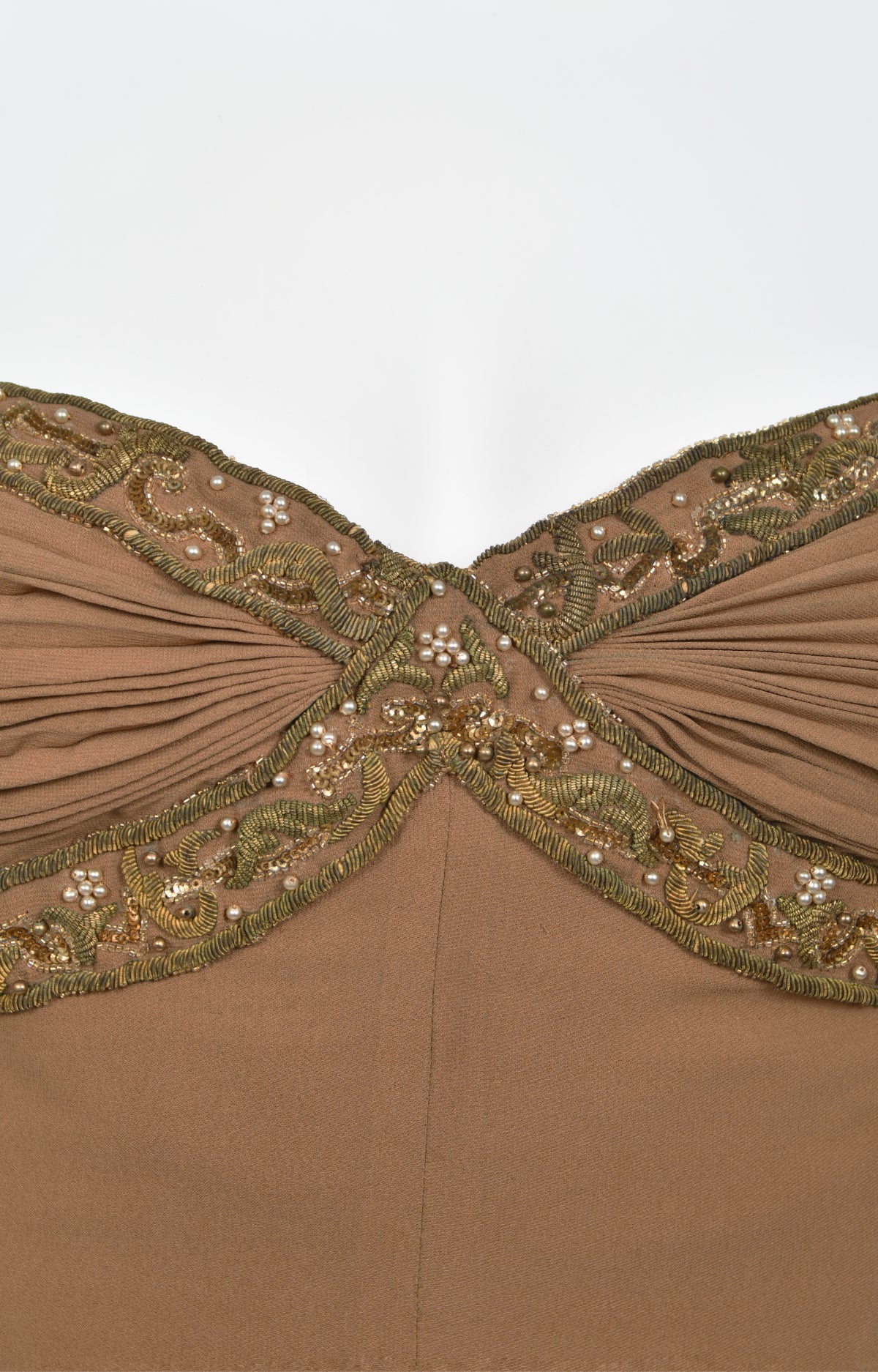 1950&#39;s Germana Marucelli Italian Couture Mocha Silk Pleated Strapless Gown