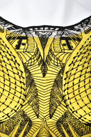 2010 Alexander McQueen Lifetime Insect Tattoo Embroidered Net-Lace Yellow Mini Dress