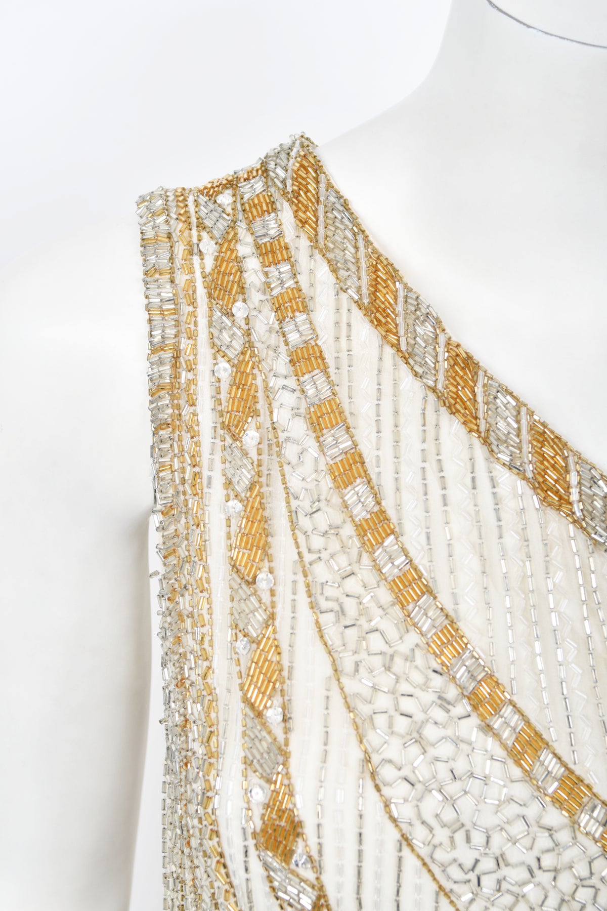 1984 Bob Mackie Couture Ivory Beaded Silk One-Shoulder Goddess Gown