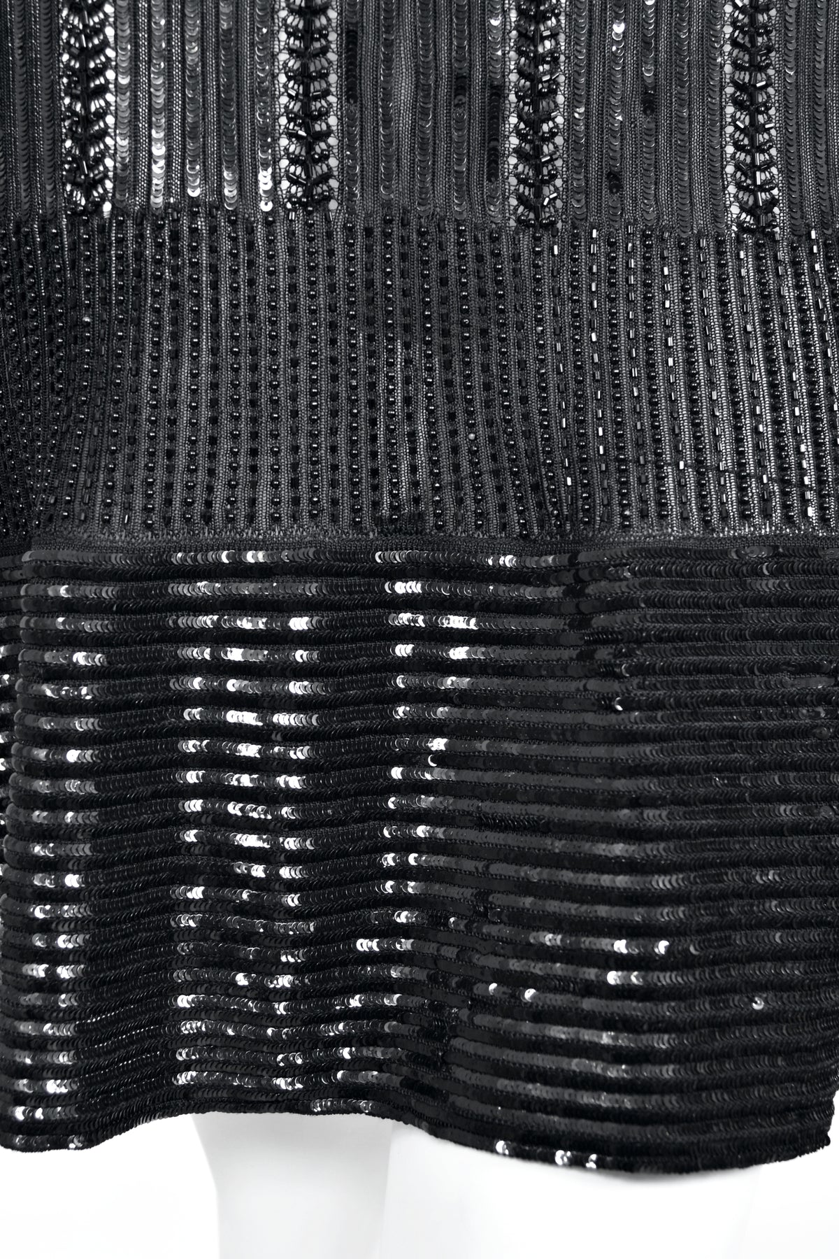 1996 Azzedine Alaia Beaded Sequin Black Semi-Sheer Stretch Knit Flounced Mini Dress