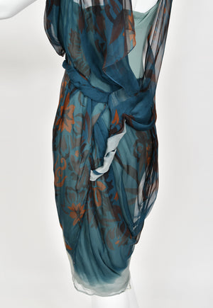 2006 Christian Dior by John Galliano Blue Watercolor Sheer Silk Draped Slip Dress