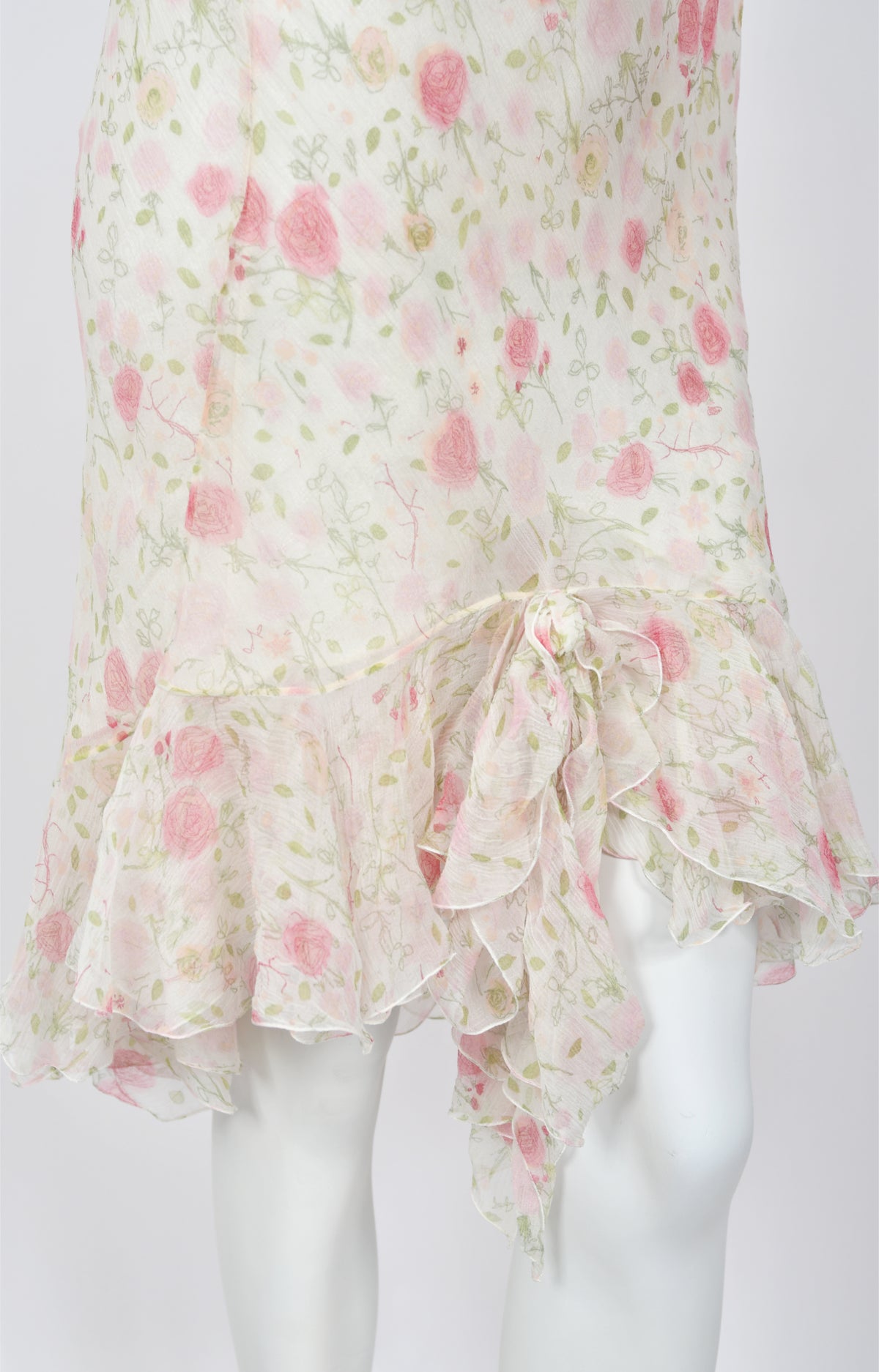 1999 Christian Dior by John Galliano Pink Roses Print Silk Off Shoulder Bias-Cut Dress