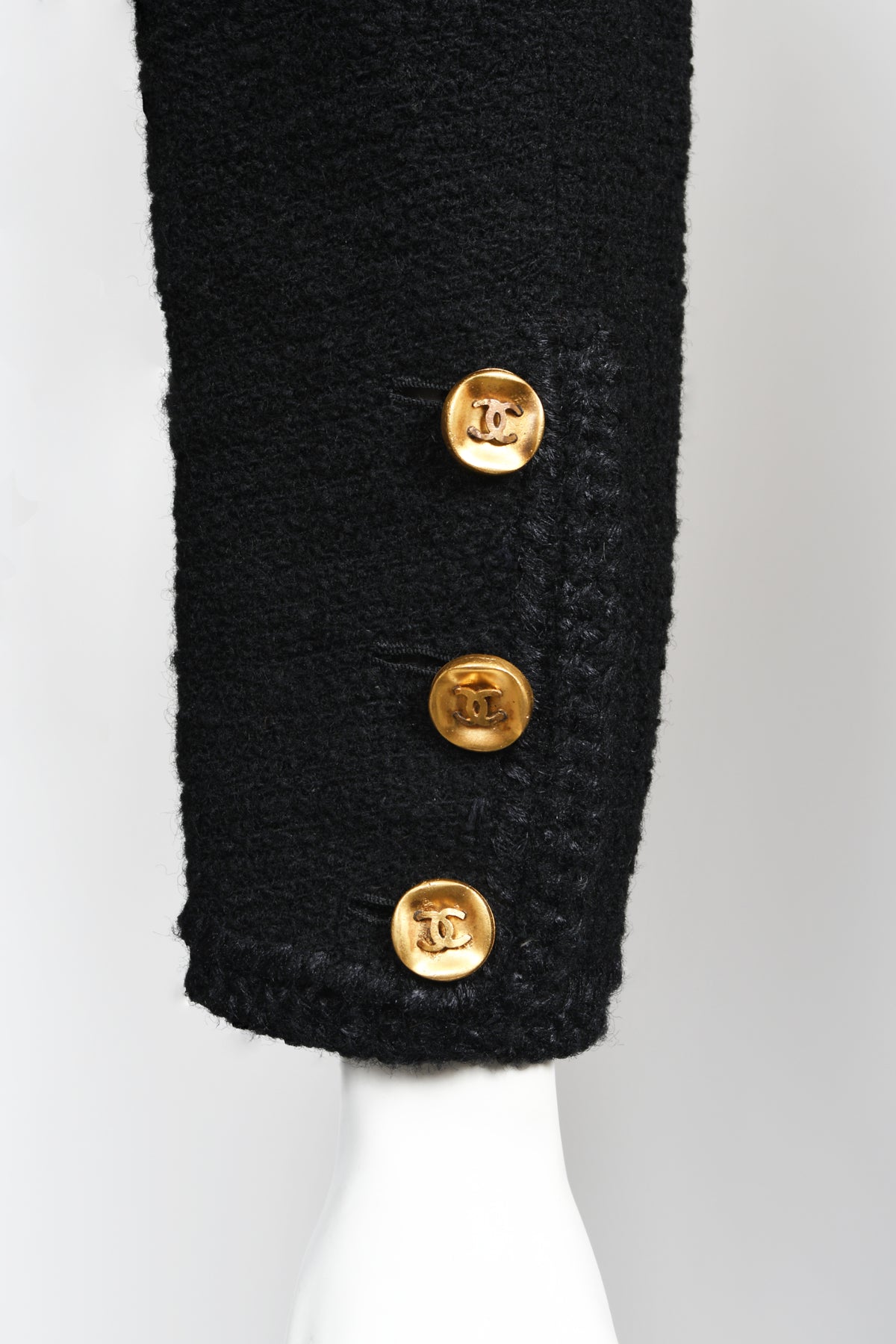 1973 Chanel Haute Couture Black Boucle Wool Logo Buttons Jacket Suit