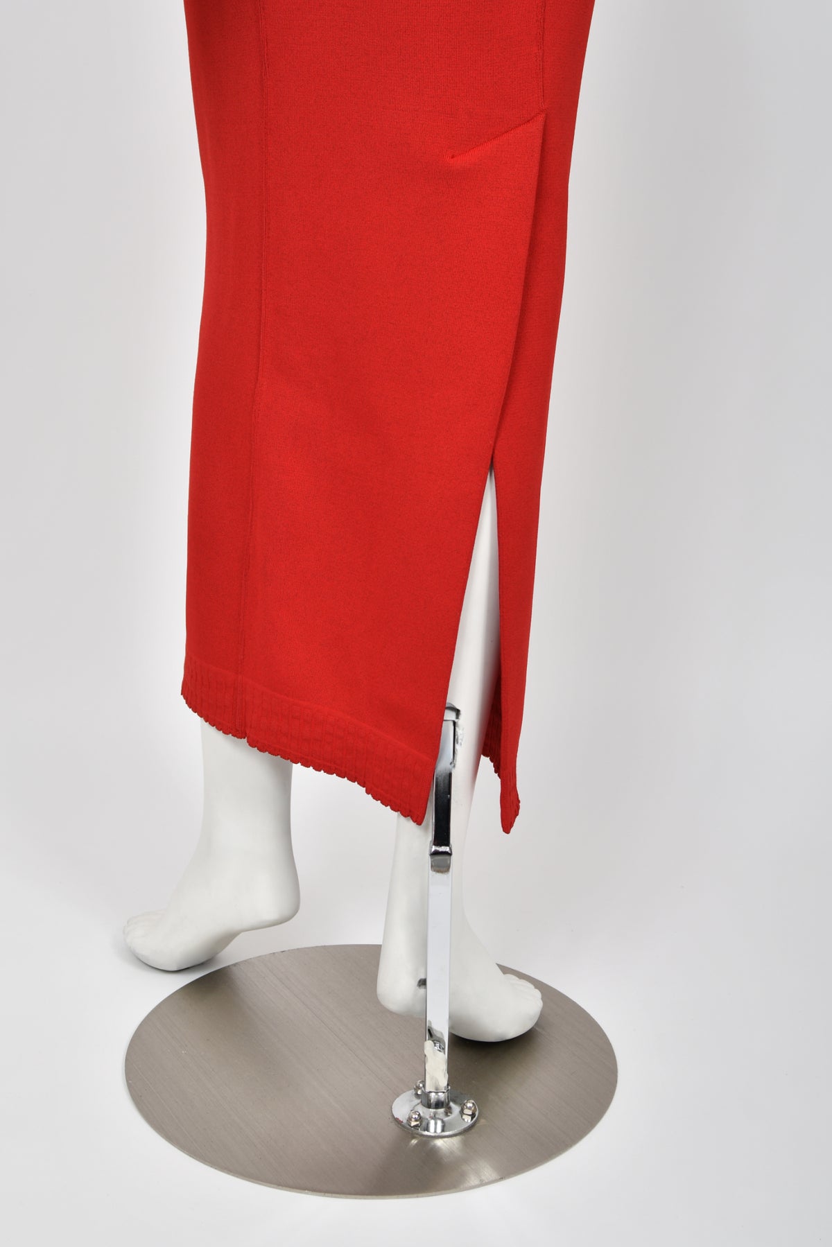 1992 Azzedine Alaia Documented Red Stretch Knit Cold-Shoulder Bodycon Maxi Dress