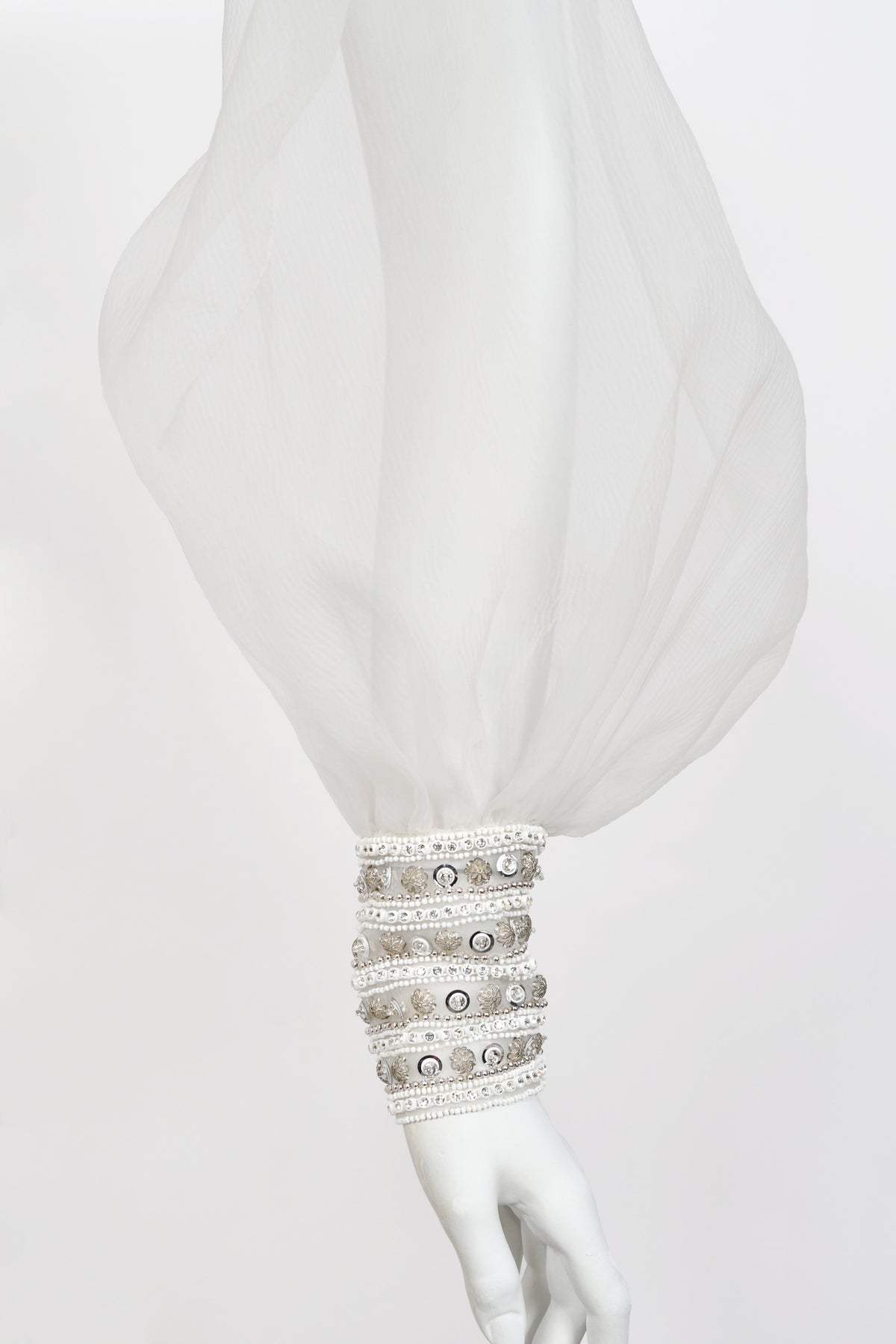 1972 Christian Dior Couture White Beaded Sheer Silk Billow-Sleeve Bridal Gown w/ Matching Veil
