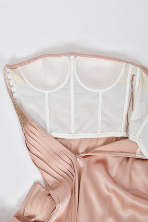 2012 John Galliano Blush Pink Silk Beaded Bustier Strapless Pleated-Side Gown