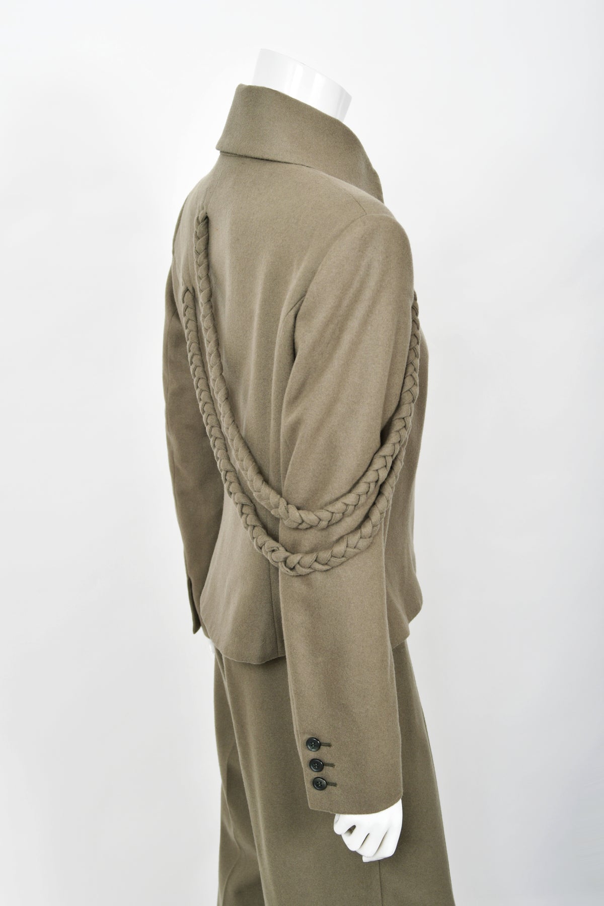 2001 Alexander McQueen Documented Runway Moss-Green Wool Braided Jacket Pantsuit