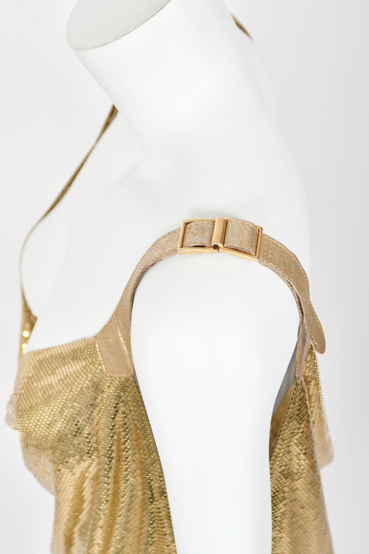 1994 Gianni Versace Iconic Gold Metal-Mesh Chainmail &amp; Leather Draped Mini Dress