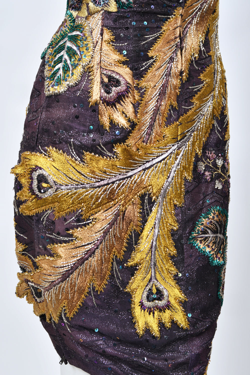 1970&#39;s Embroidered Peacock Motif Beaded Silk Couture Dance Dress