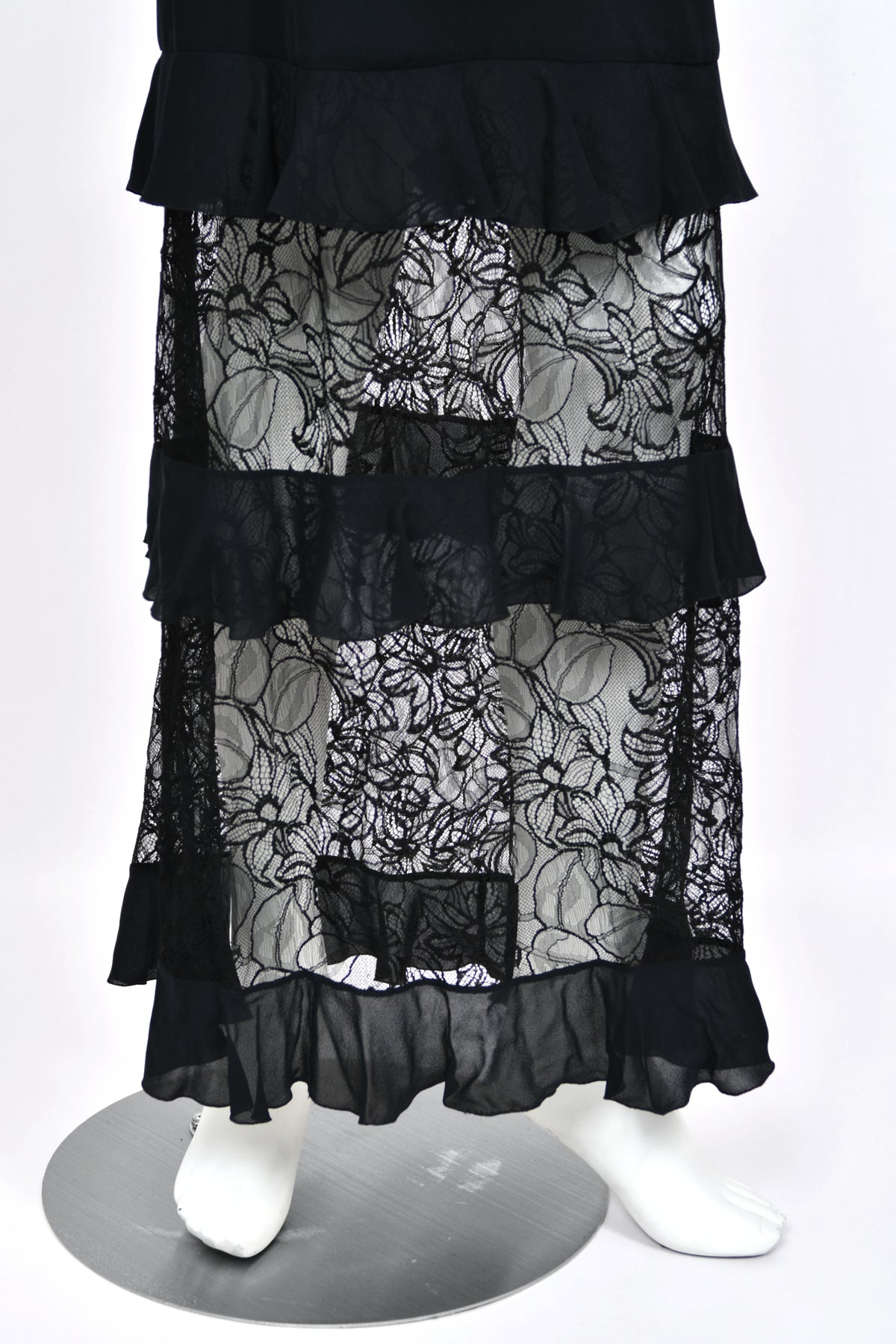 1994 Chanel by Karl Lagerfeld Cruise Collection Sheer Black Lace Ruffle-Trim Lingerie Gown