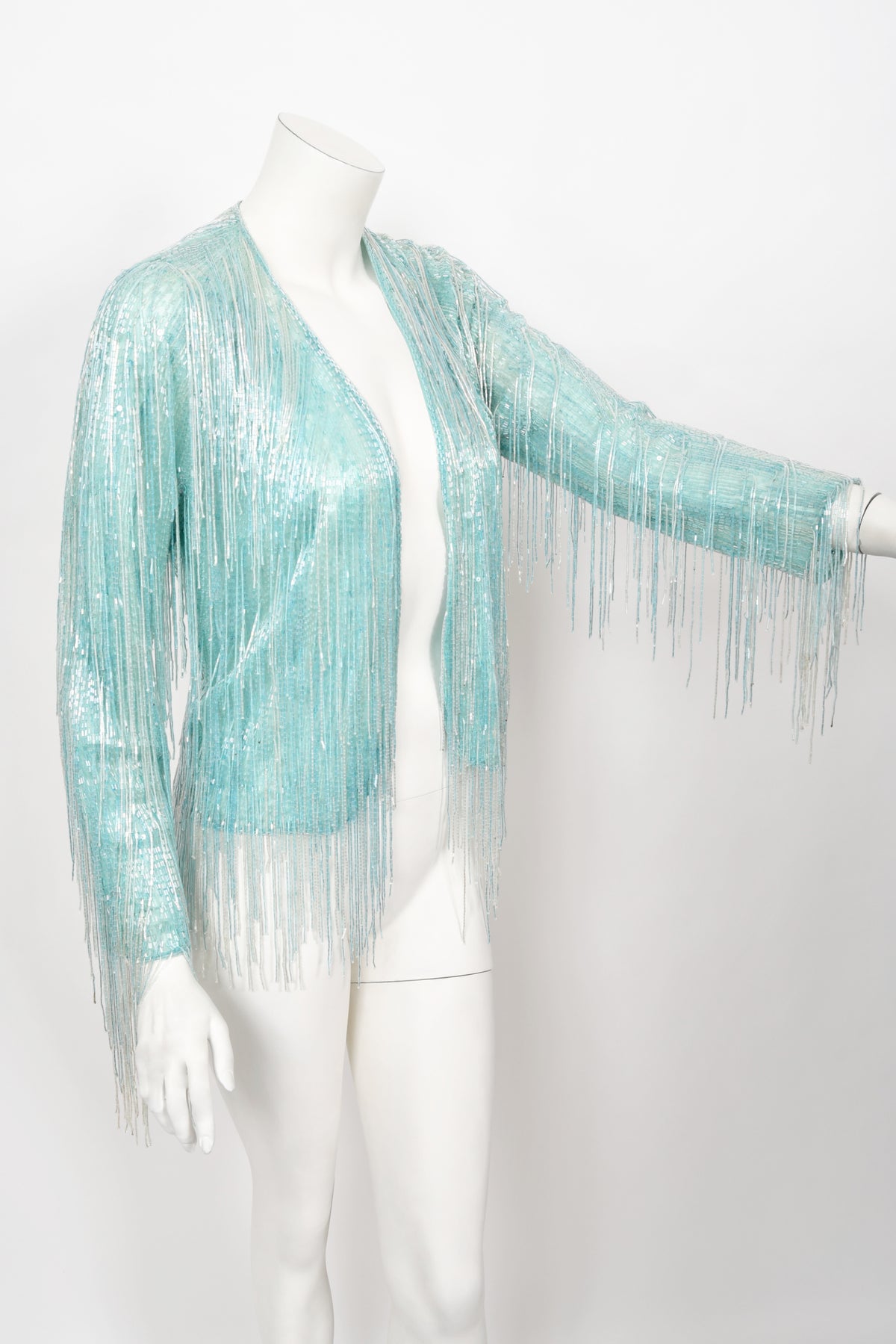 1970&#39;s Halston Couture Ice Blue Beaded Silk Fringe Disco Cardigan Jacket