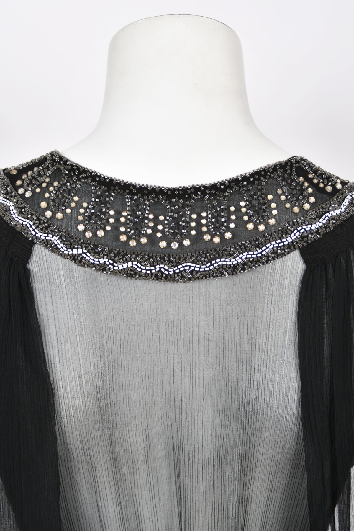1930&#39;s Beaded Rhinestone Black Sheer Silk Chiffon Billow-Sleeve Deco Dress