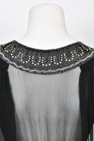 1930's Beaded Rhinestone Black Sheer Silk Chiffon Billow-Sleeve Deco Dress