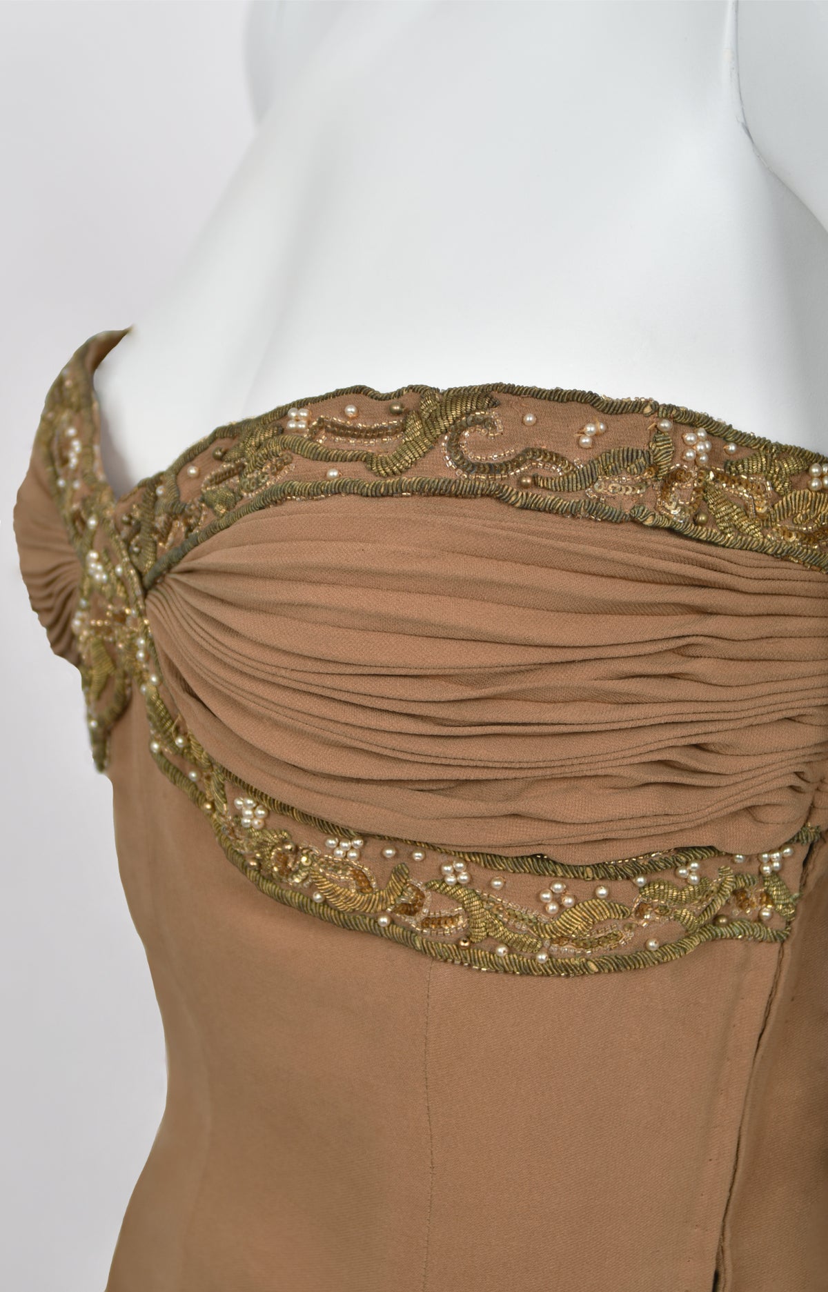 1950&#39;s Germana Marucelli Italian Couture Mocha Silk Pleated Strapless Gown