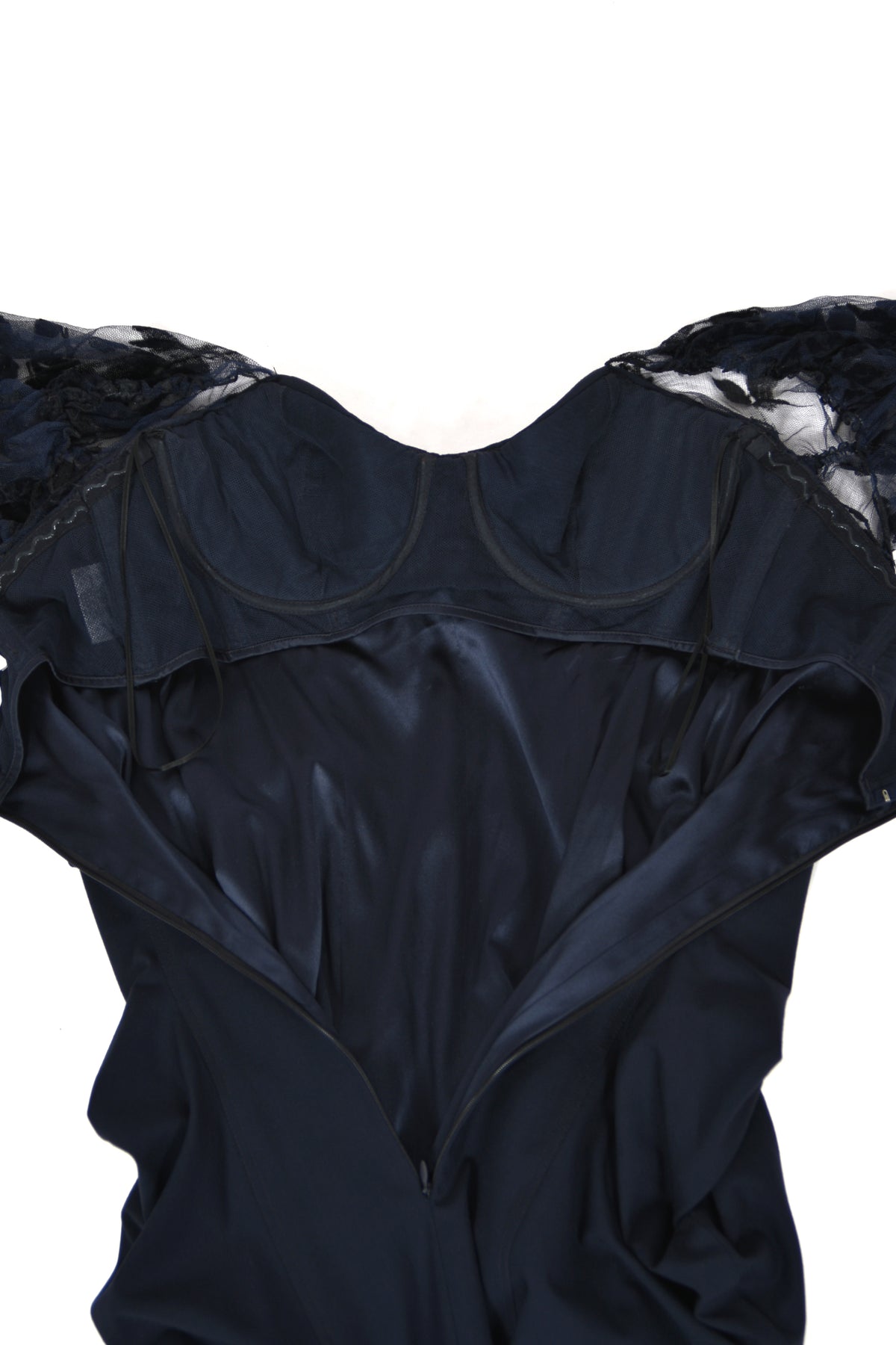 2004 Christian Dior by John Galliano Navy Stretch Silk Sheer-Sleeves Hourglass Dress