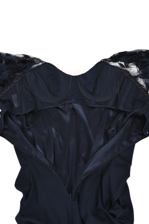 2004 Christian Dior by John Galliano Navy Stretch Silk Sheer-Sleeves Hourglass Dress