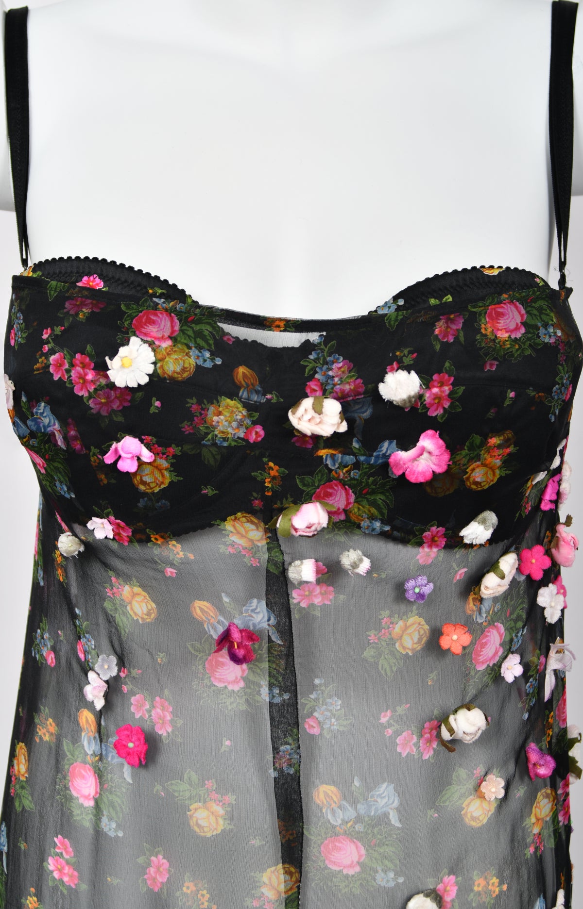 1999 Dolce &amp; Gabbana Sheer Appliqué Floral Silk Built-In Bra Slip Dress