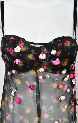 1999 Dolce & Gabbana Sheer Appliqué Floral Silk Built-In Bra Slip Dress