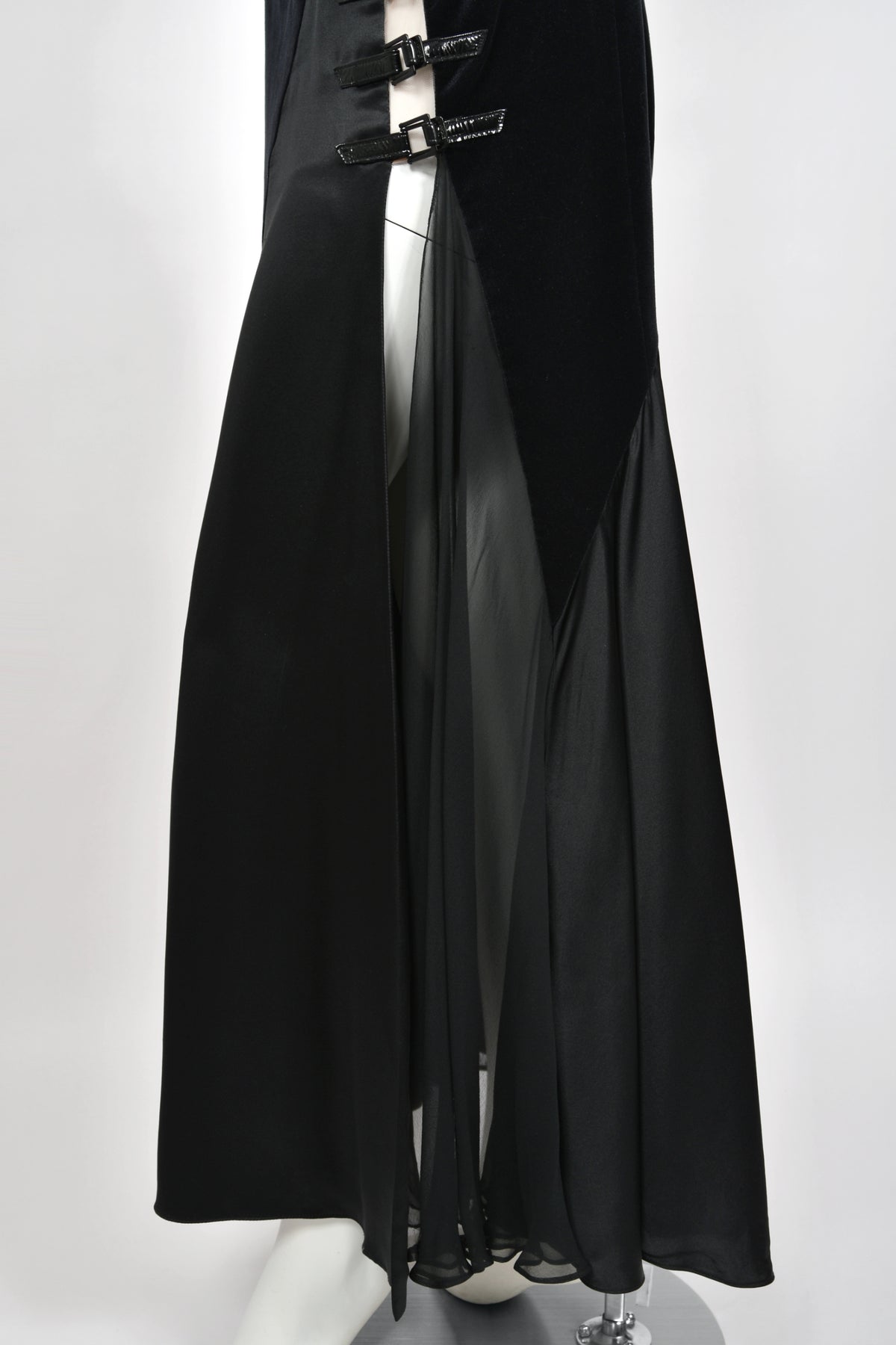 2004 Versace Runway Black Silk & Velvet Sheer-Illusion Buckle Trimmed High Slit Gown
