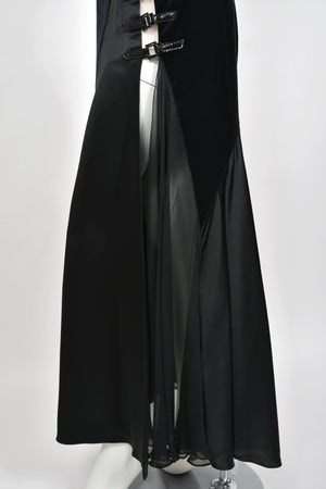 2004 Versace Runway Black Silk & Velvet Sheer-Illusion Buckle Trimmed High Slit Gown