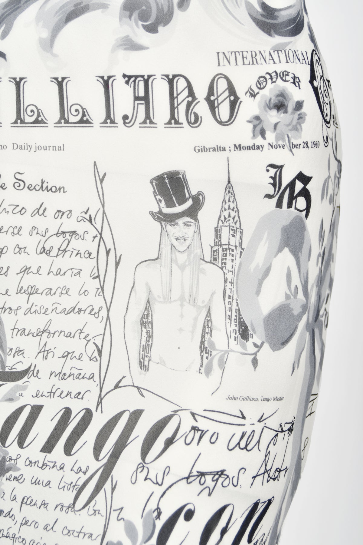 2006 John Galliano Documented Newspaper Print Silk Chiffon Bias-Cut Slip Dress