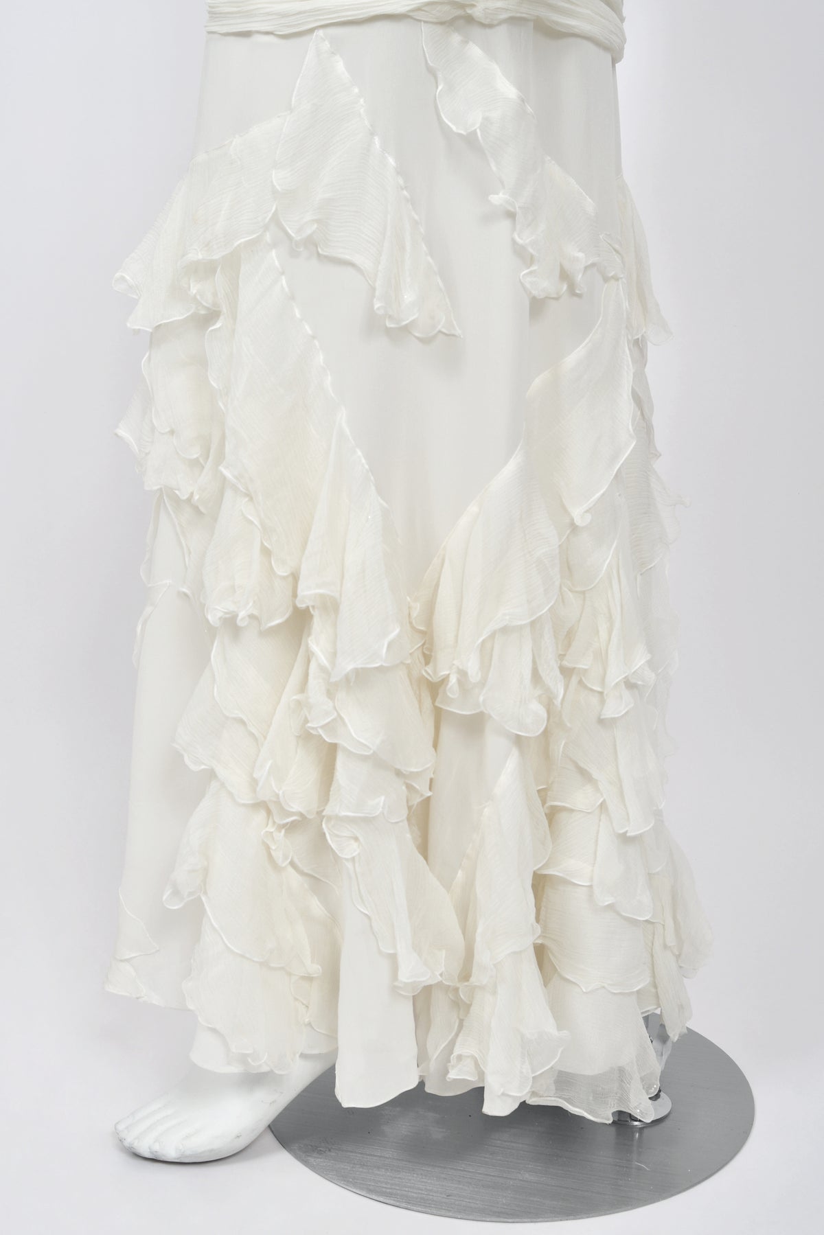 2006 John Galliano Ivory Tiered Ruffle Sheer Silk Chiffon Pearl Straps Bias-Cut Slip Gown