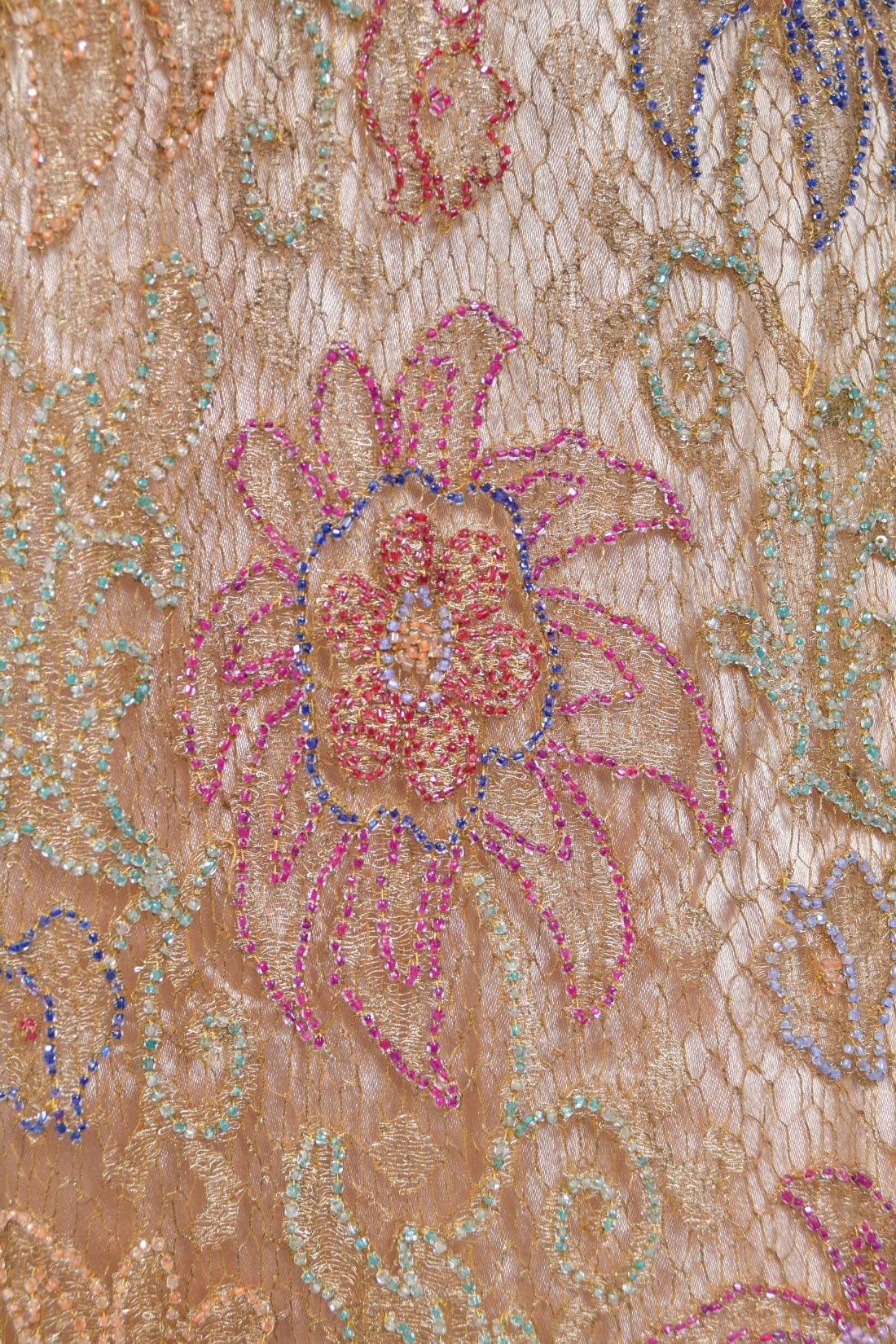 1920&#39;s French Couture Colorful Beaded Metallic Lamè Lace &amp; Pink Silk Dress