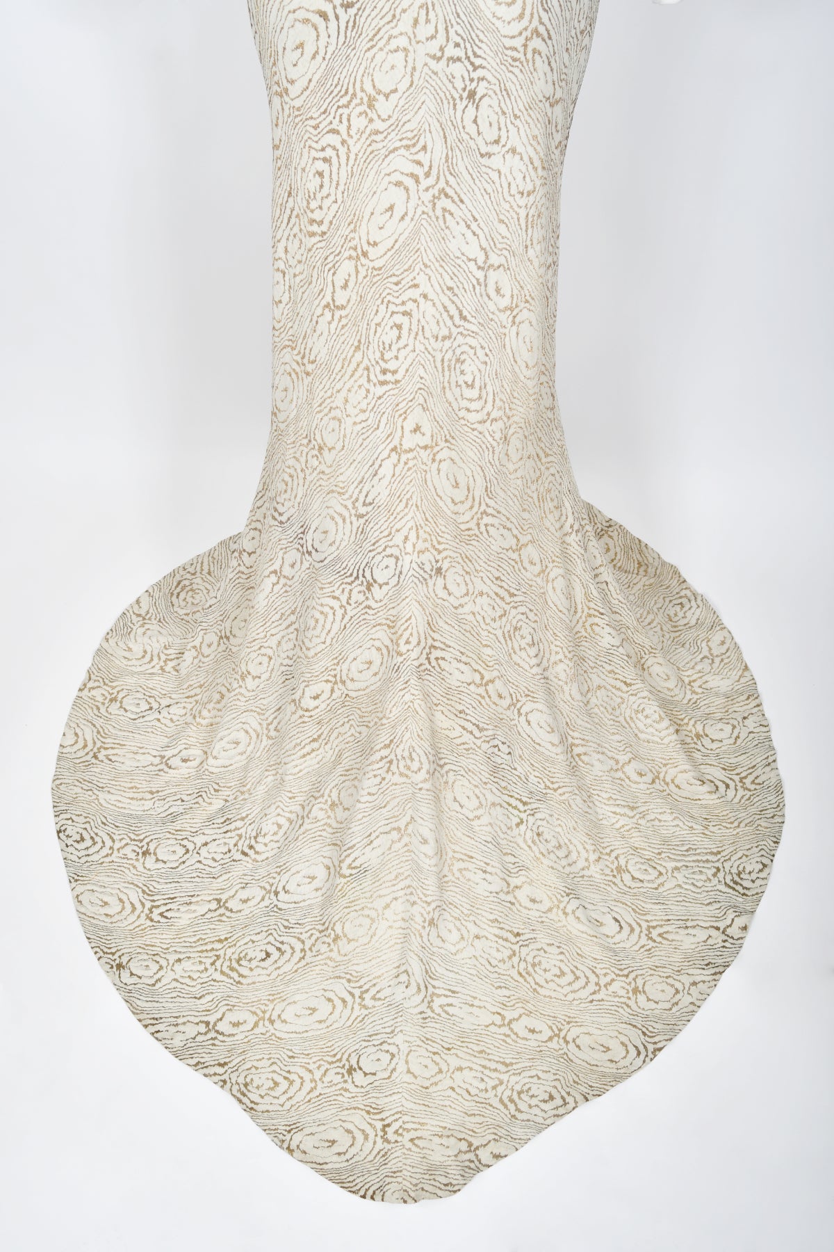 1930's Metallic Wood-Patterned Lamé Deco Appliqué Bias-Cut Trained Bridal Gown