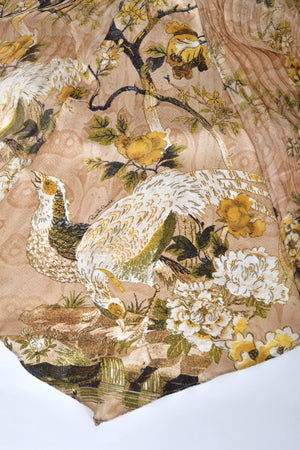 2006 Roberto Cavalli Champagne Floral & Bird Motif Silk Pleated High Low Bias-Cut Gown
